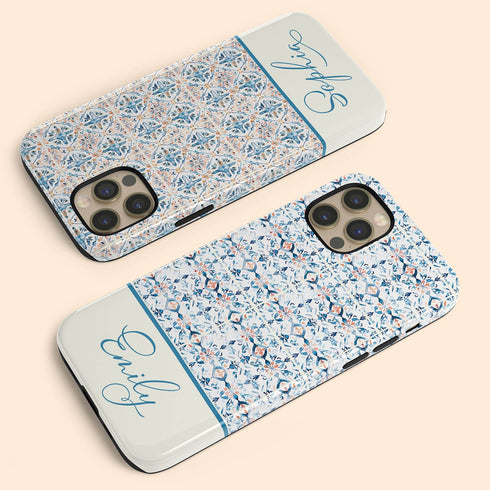 Custom Name Blue Mediterranean Tiles iPhone Case